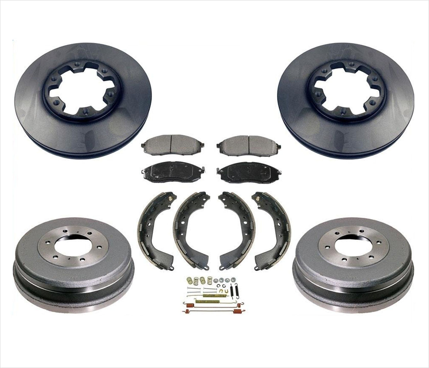 Rotores traseros delanteros pastillas de freno zapatas de freno Kit de resorte para Nissan Xterra 4x4 00-04