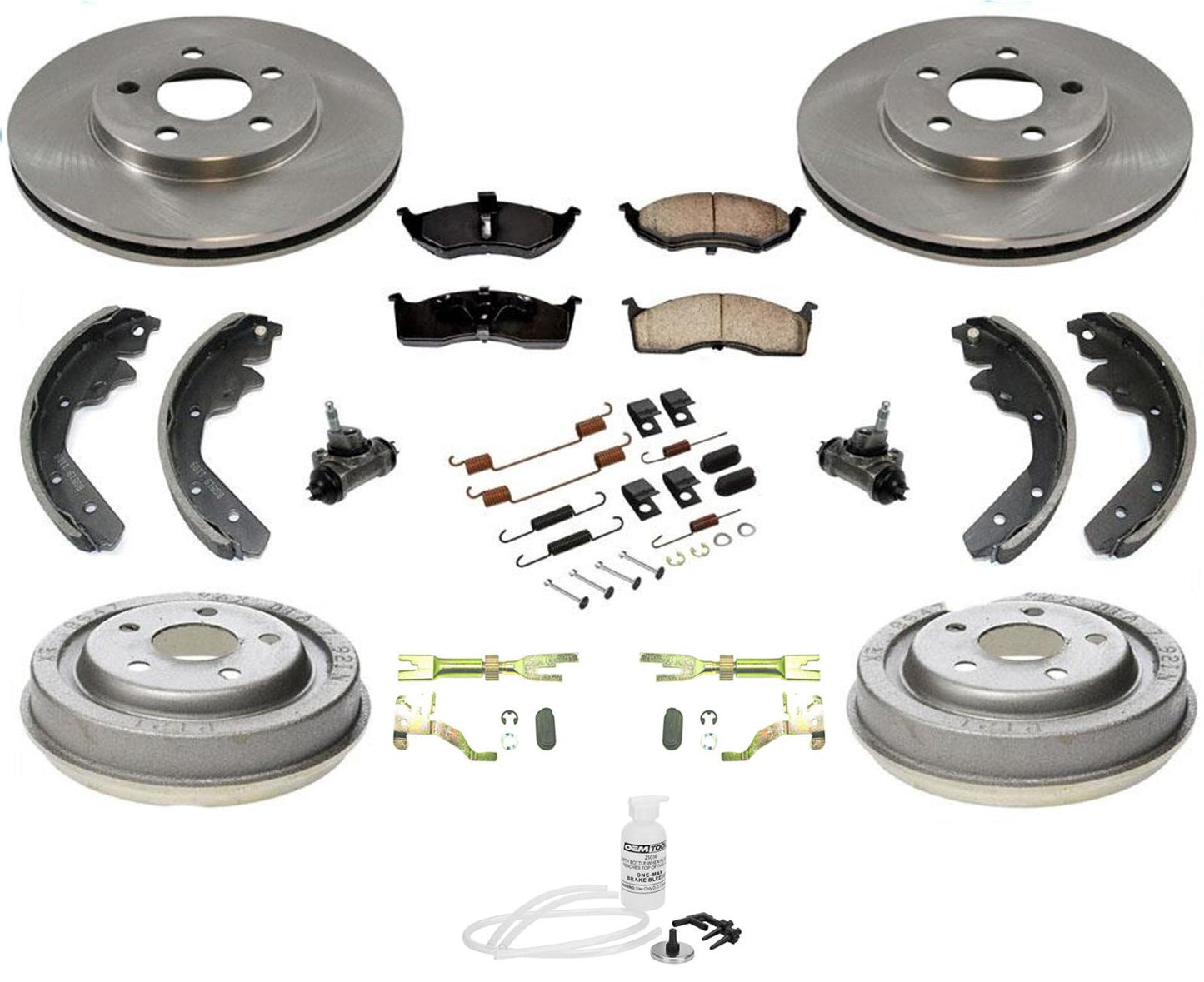 00-05 Dodge Neon Fr Almohadillas de rotores Tambores traseros y zapatos Cilindros de rueda Resortes 12 piezas