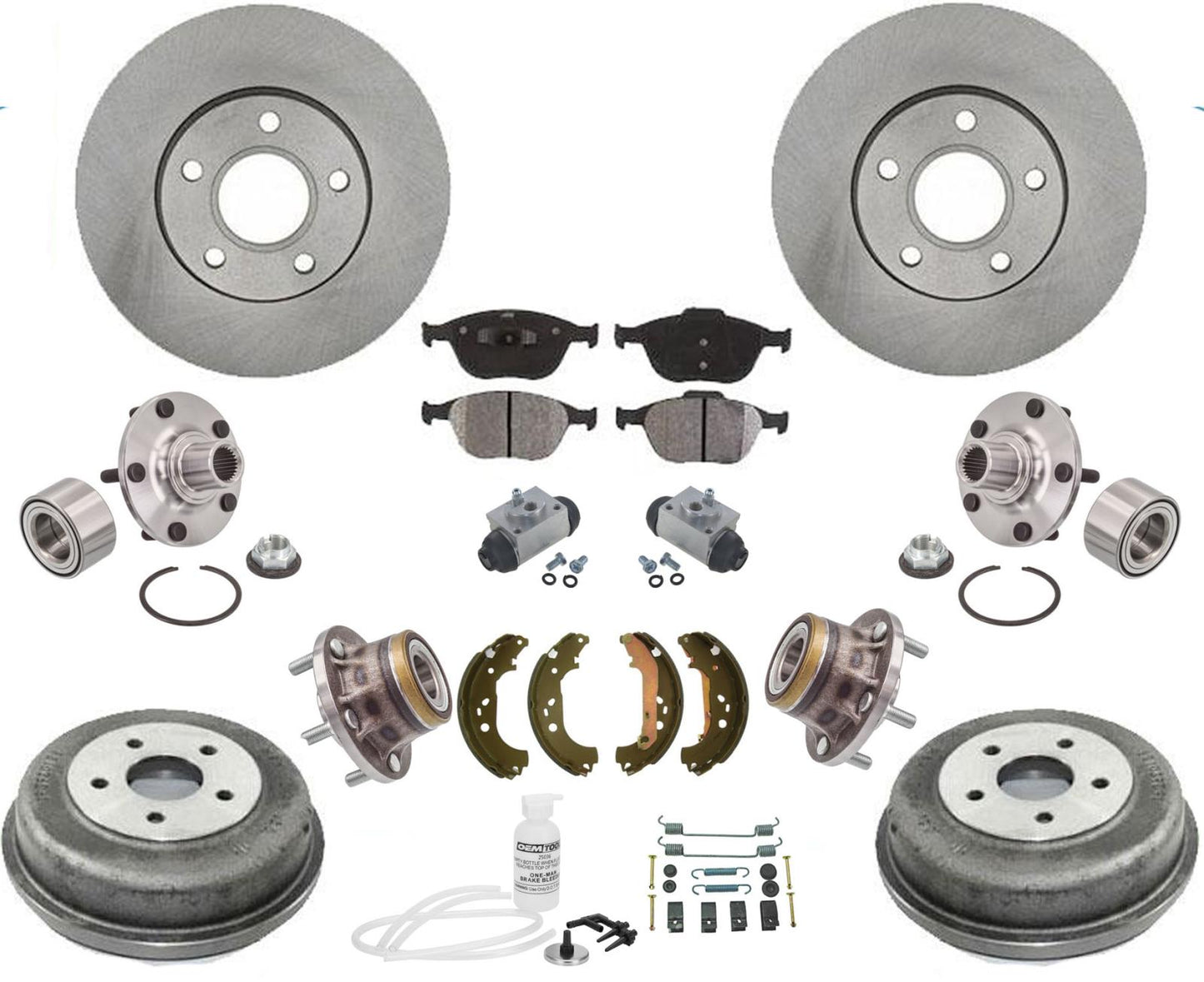 Para 10-13 Ford Transit Rotores Pastillas de freno de cerámica Tambores Zapatos Rodamientos de buje 14 piezas