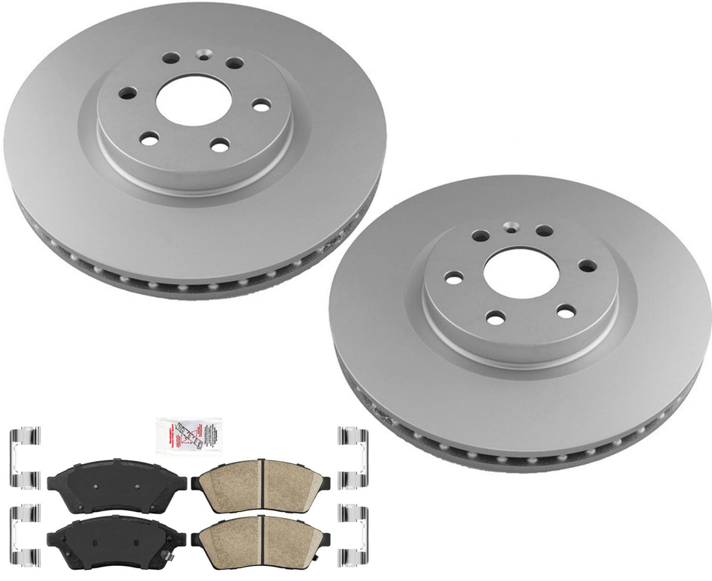 Rotores y pastillas de freno de disco con revestimiento GEO delantero AmeriBRAKES para Cadillac SRX 2010-16