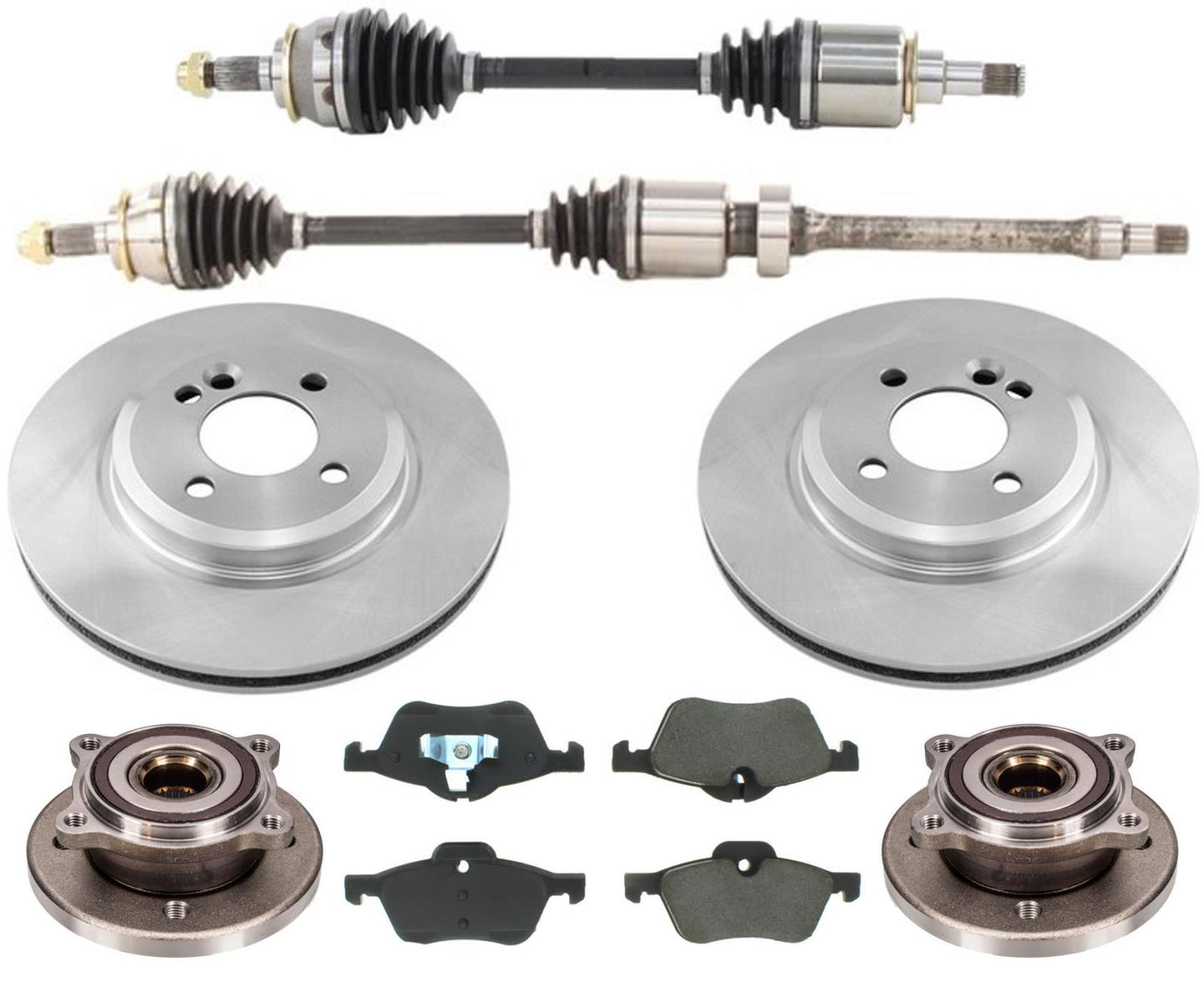 for 02-04 Mini Cooper with 1.6L Manual CV Axle Shafts Rotors Pads Hub Bearings