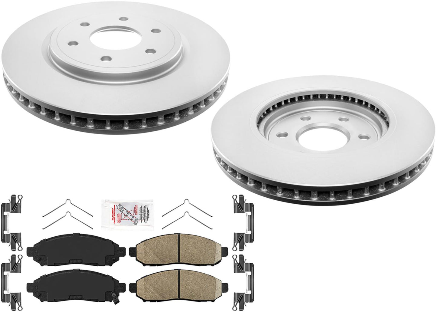 Pastillas de freno de rotores recubiertos GEO de rendimiento delantero para Nissan Frontier 2016-2023