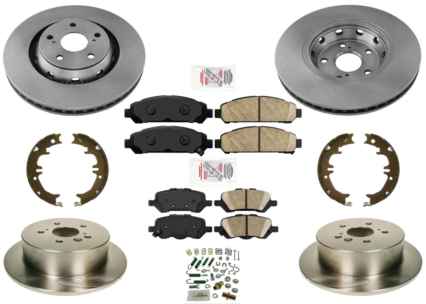 Rotores delanteros y traseros Pastillas de cerámica Zapatas de freno Resortes 8 piezas para Toyota Venza 09-16
