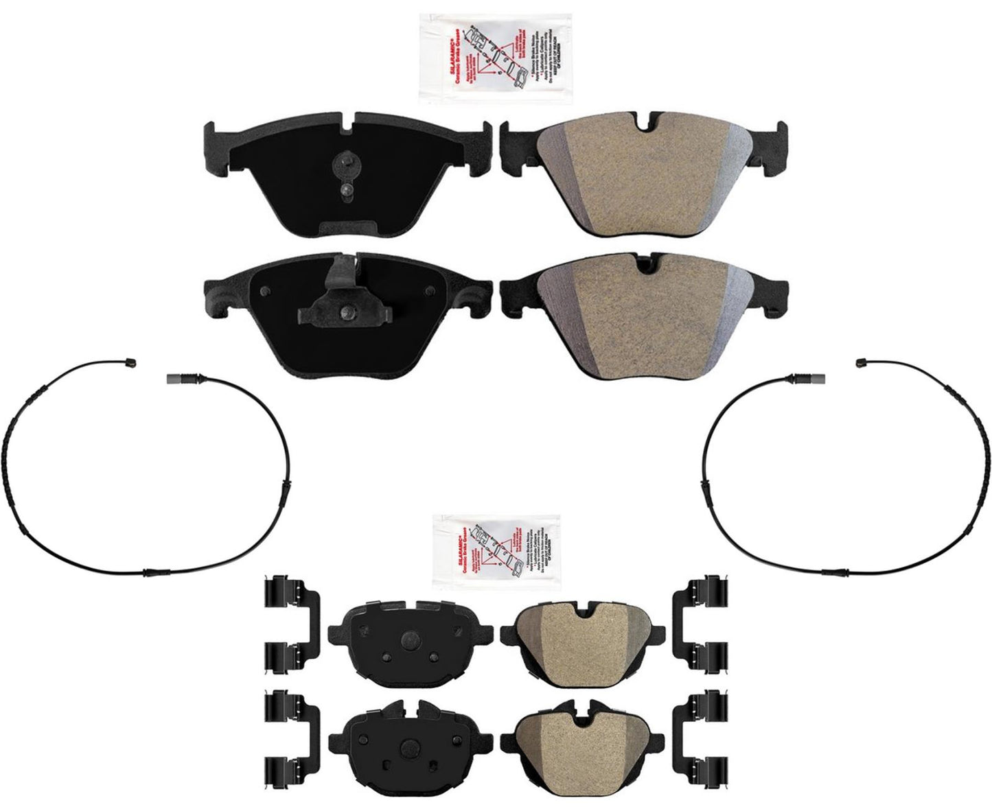 AmeriPRO Pastillas y sensores de freno de disco delantero y trasero para BMW 535d 2014-2016