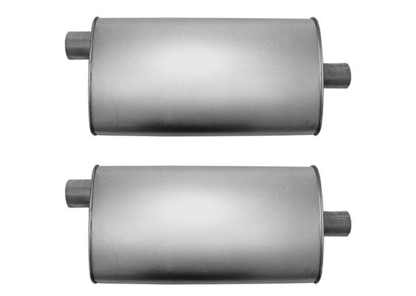 (2) 10 1/2" Oval Universal Muffler 26" OAL 2.25ID 2.00ID Offset Center
