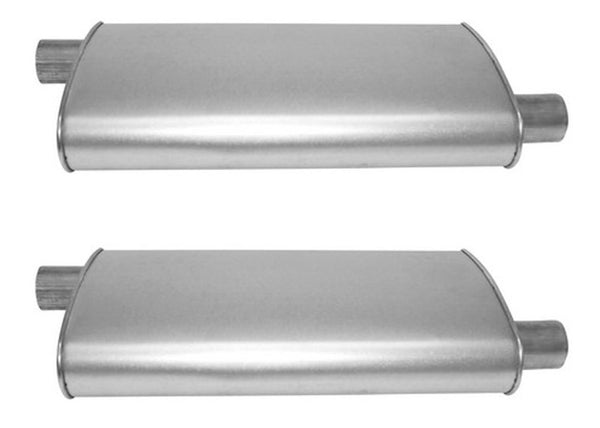 (2) 10 1/2" Oval Universal Muffler 26" OAL 2.25ID 2.25ID Offset Offset