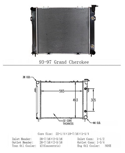 New Cooling Radiator REF# OR1394 fits 93-97 Jeep Grand Cherokee 5.2L V8