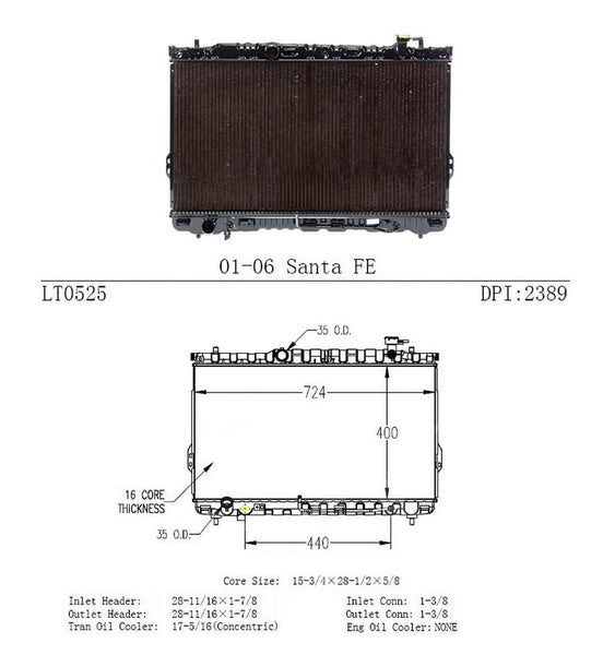 2001-2006 Santa Fe Vista Pro 432473 Radiador