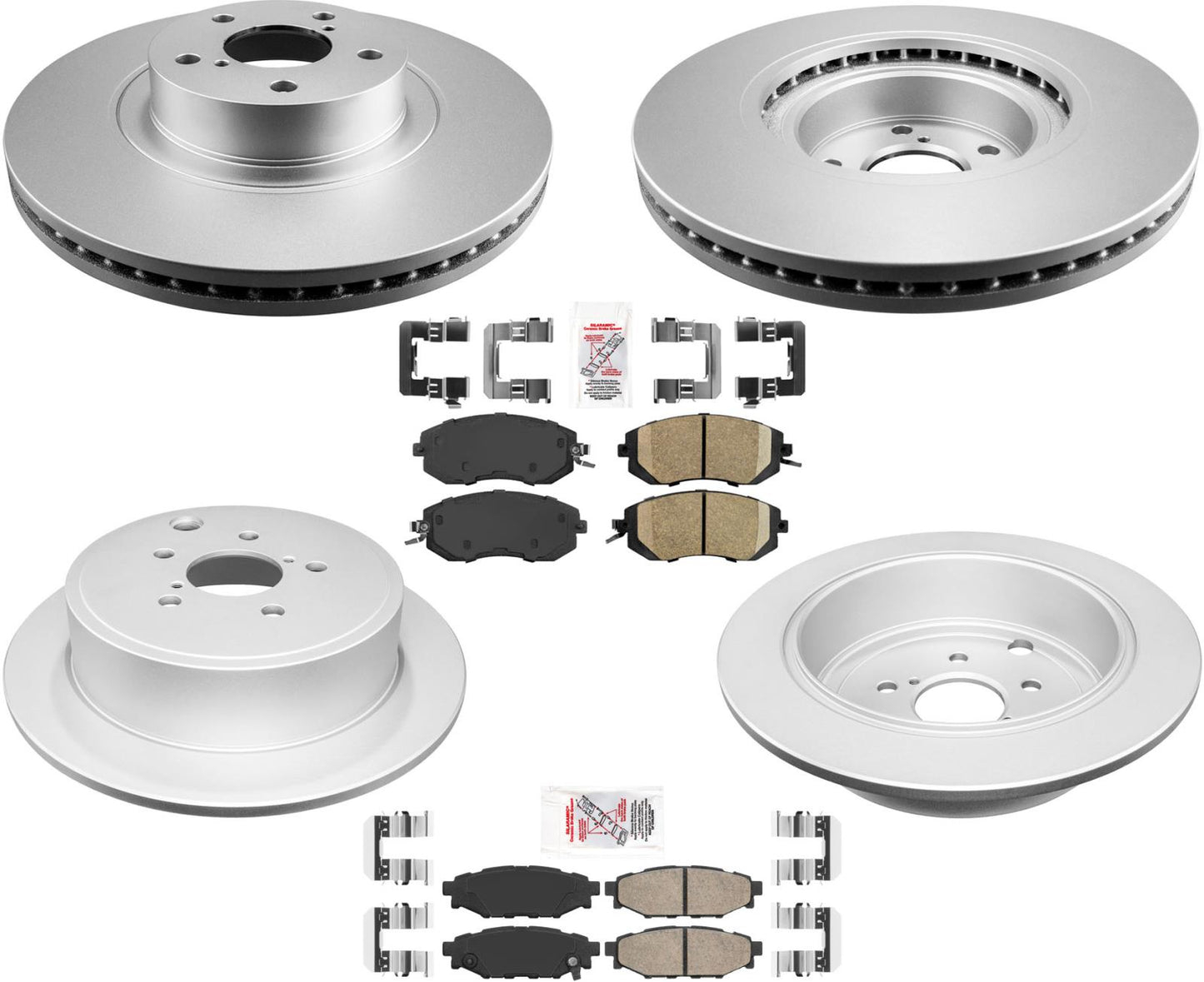 AmeriBRAKES Rotores y pastillas de freno de disco F &amp; R recubiertos para Subaru Legacy 2.5i 13-14