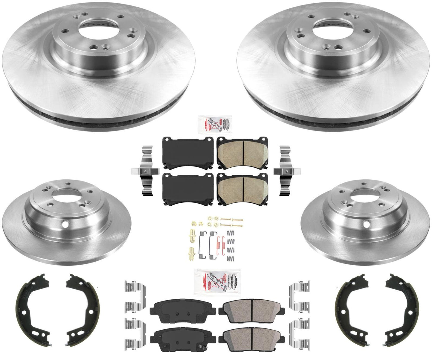 Front & Rear Rotors & Brake Pads Hardware for Hyundai Genesis 3.8L 4Door 12-14