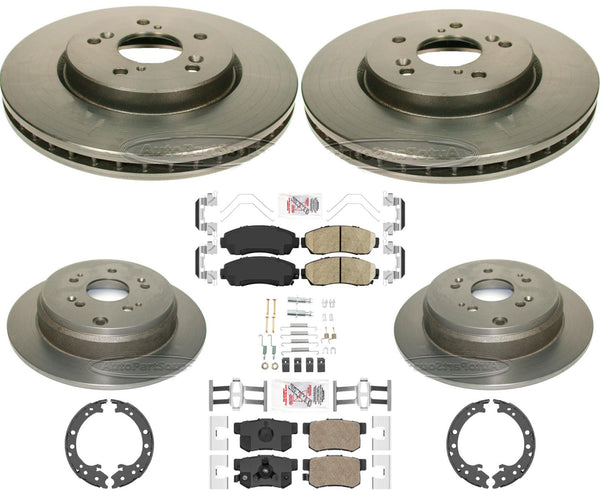 Frnt & Rr Carbon Coated Rotors Pads & Shoes For Honda CRV 12-16 All Wheel Drive