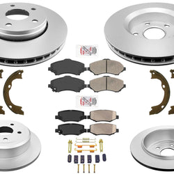 Rotores de disco Pastillas de freno de cerámica Kit de resorte de zapatos de estacionamiento para Jeep Wrangler 07-17