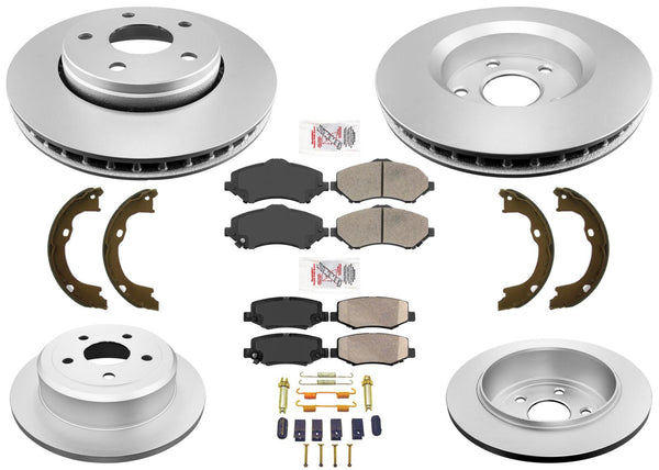 Rotores de disco Pastillas de freno de cerámica Kit de resorte de zapatos de estacionamiento para Jeep Wrangler 07-17