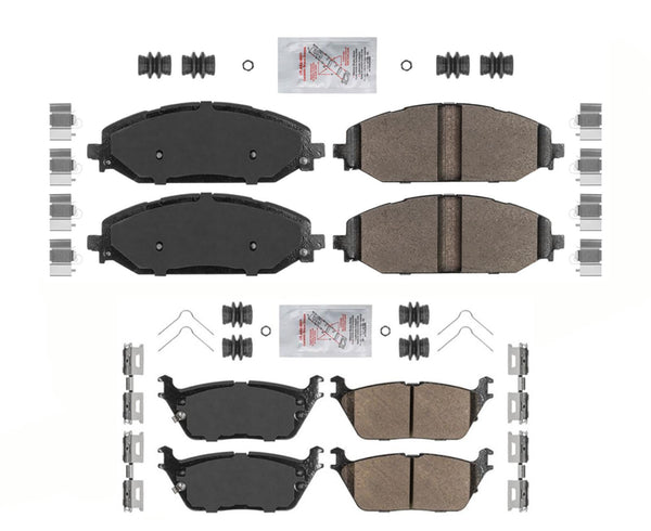 Front & Rear AmeriBRAKES Ceramic Brake Pads Hardware For Ram 1500 2019-2024