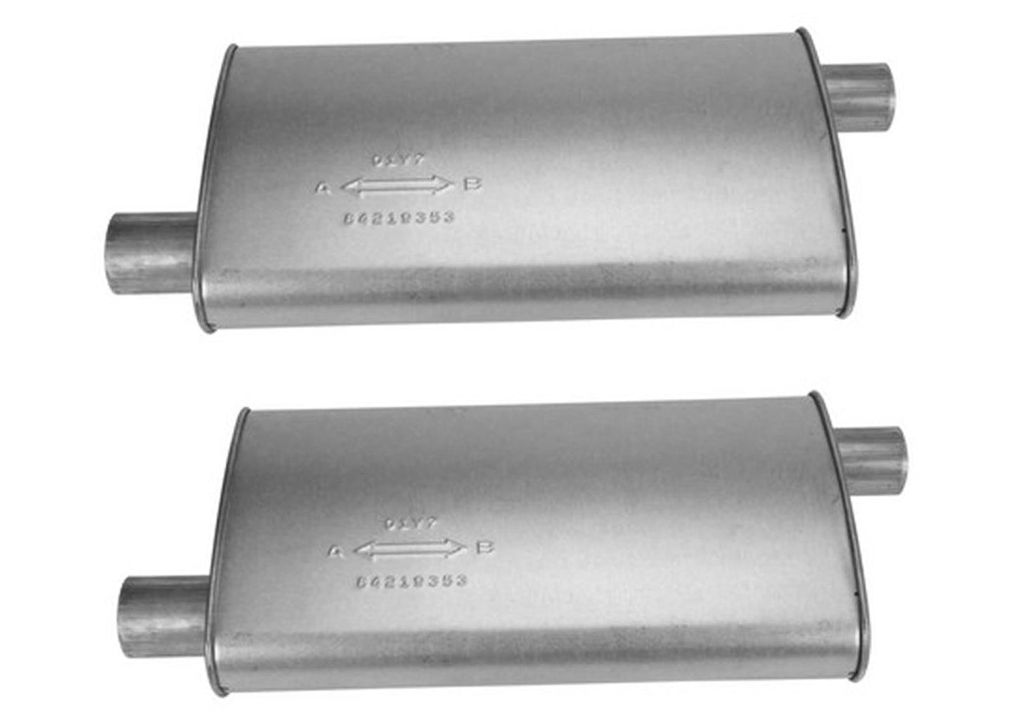 (2) 10 1/2" Oval Universal Muffler 26" OAL 2.00ID 2.00ID Offset Offset