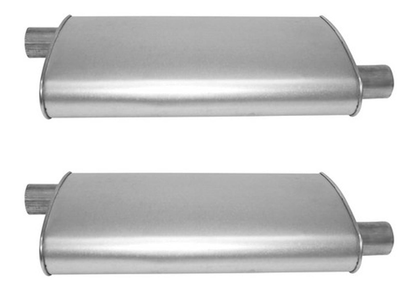 (2) 10 1/2" Oval Universal Muffler 26" OAL 2.25ID 2.25ID Offset Offset