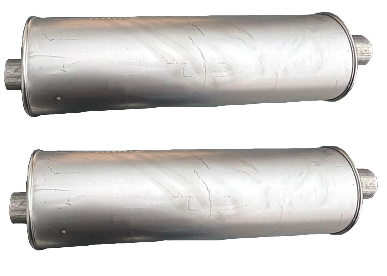 (2) 7" Inch Round Universal Muffler 28.0" OAL 2.25ID 2.25ID Center Offset