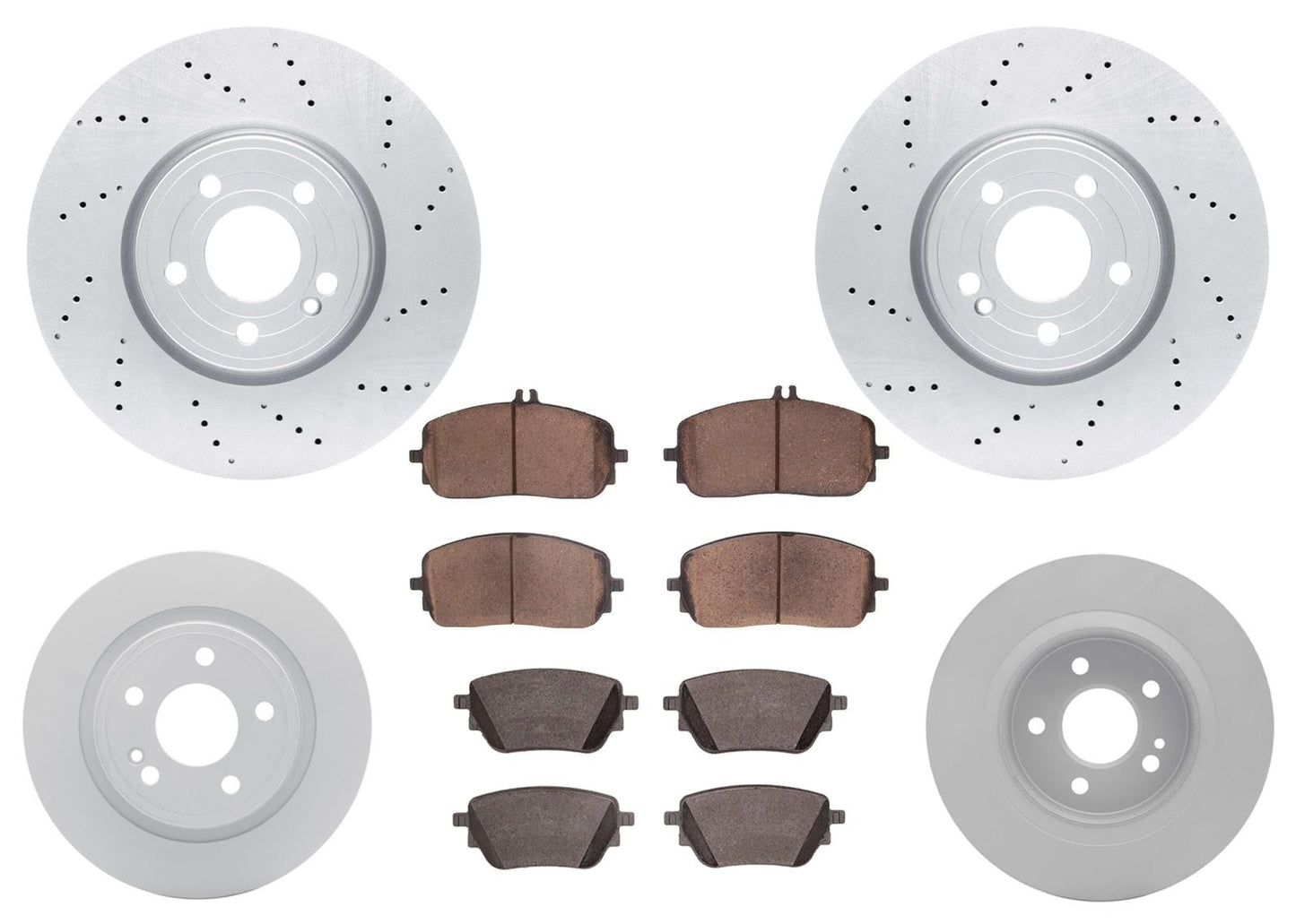 F & R Coated Brake Disc Rotors & Pads for Mercedes Benz AMG CLA250 2020-2025