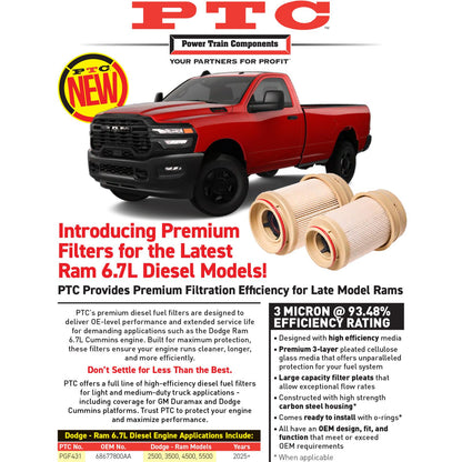 High Efficiency 3 Micron Fuel Filter for 2025 2026 Ram 2500 6.7L Turbo Diesel