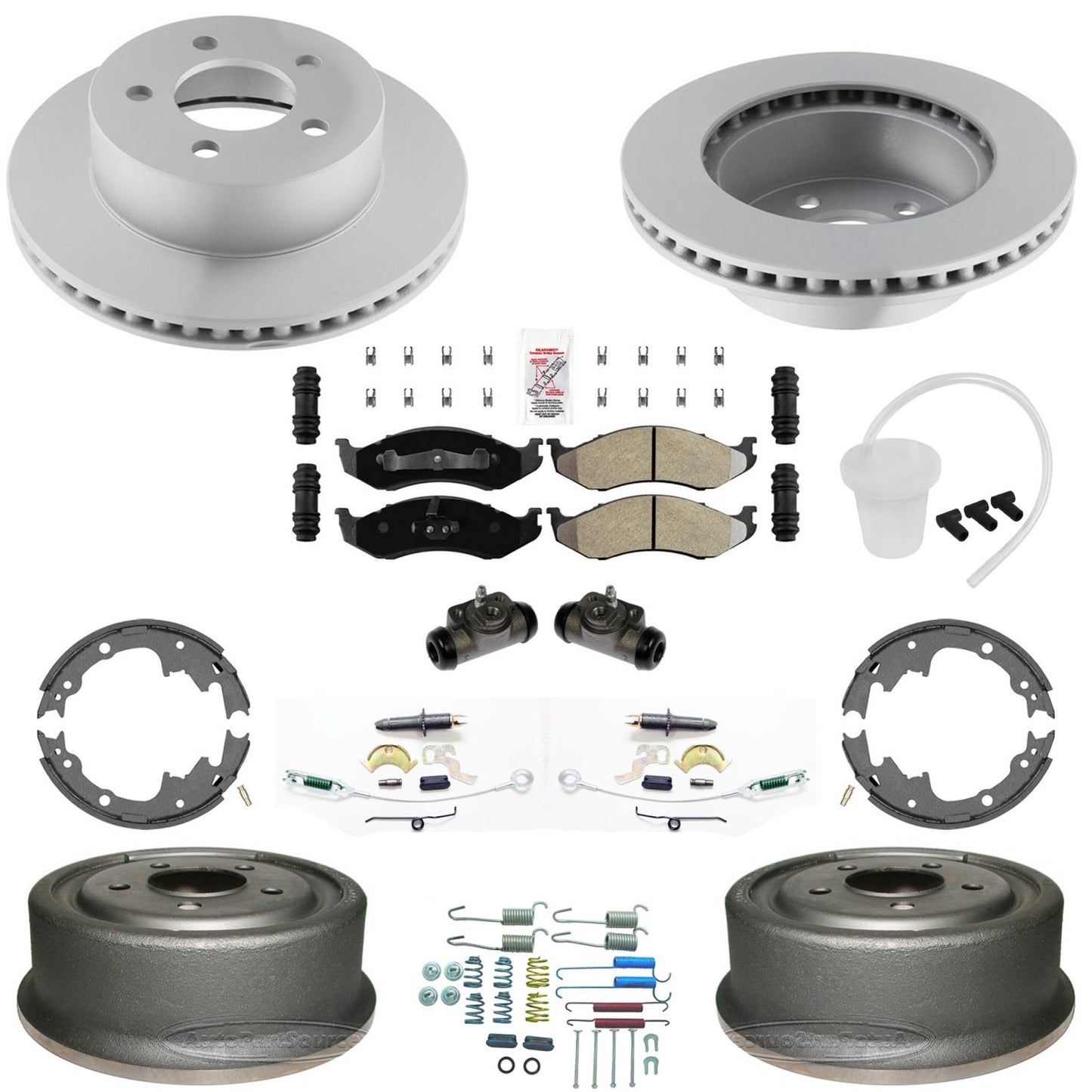 Front Disc Rotors Brake Pads & Rear Brake Drums & Shoes For Jeep Wrangler 01-06
